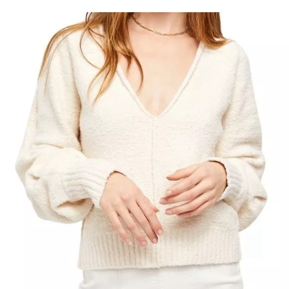 Free People Reverie V Neck Sweater in Vanilla Ivory Cream Oversized Sz XL